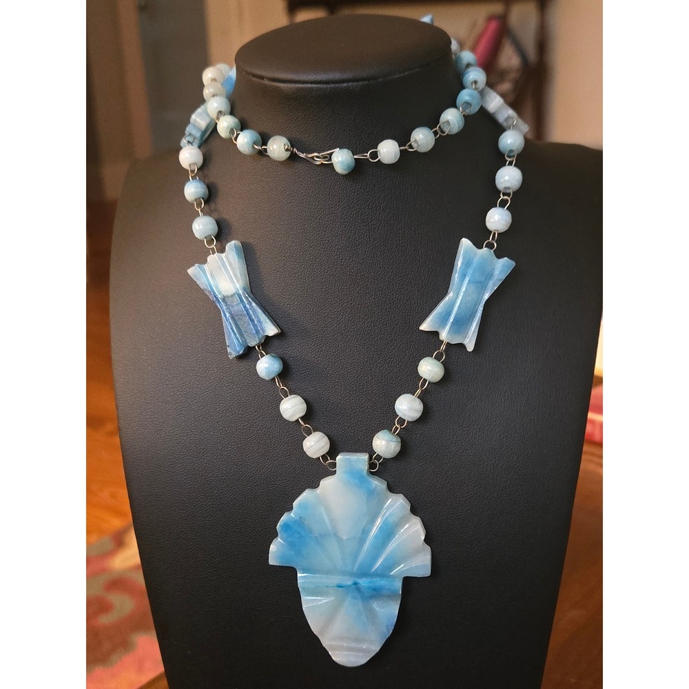 Blue Agate/Jasper/Opalite Aztec Warrior Pendant Artisan Necklace Vintage